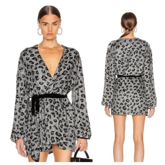 Retrofete SEQUIN Silver & Black Gabriella Leopard Print Mini Wrap Dress NWT - Picture 1 of 15